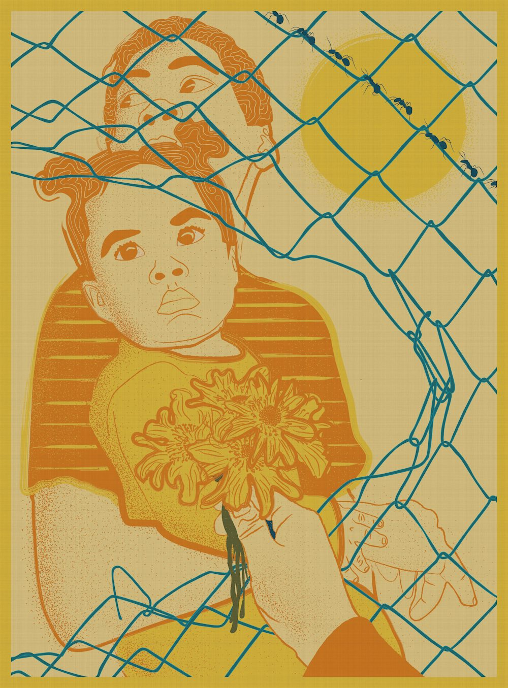 Illustration of a woman holding a small child behind a chain link fence