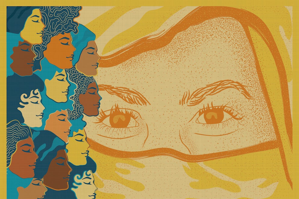 Illustration of a veiled woman with other women's profiles