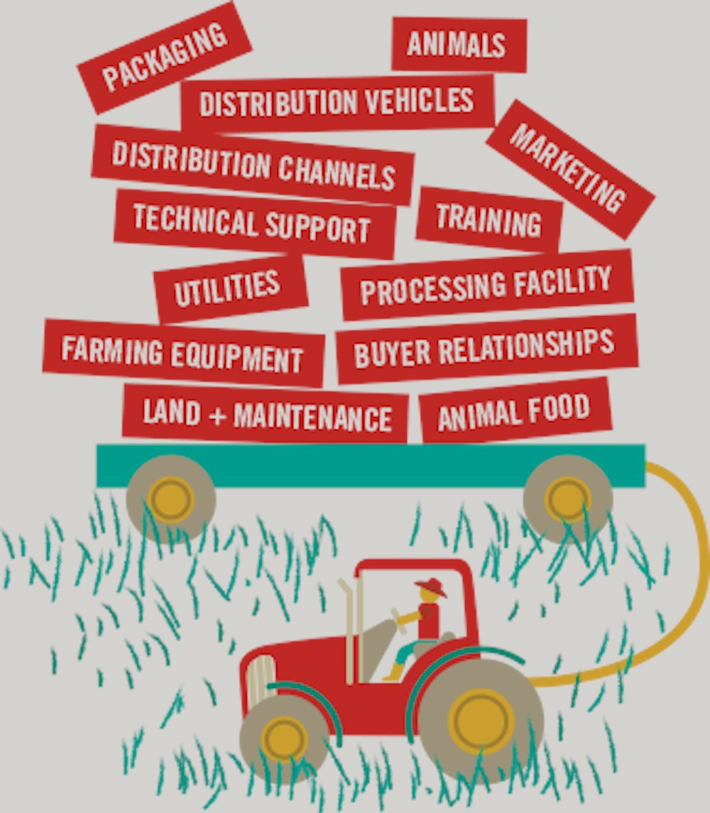 Infographic showing what farmers are typically responsible for, including packaging, animals, distribution channels, training, technical support, utilities, processing facility, farming equipment, buyer relationships, land and maintenance, and animal food