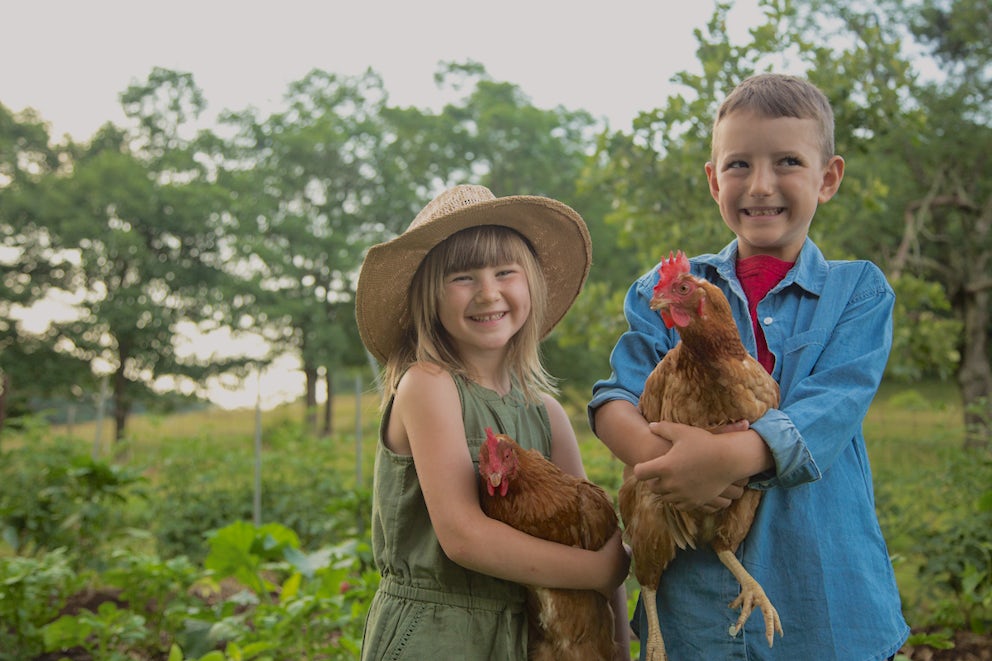 two children holding chickens