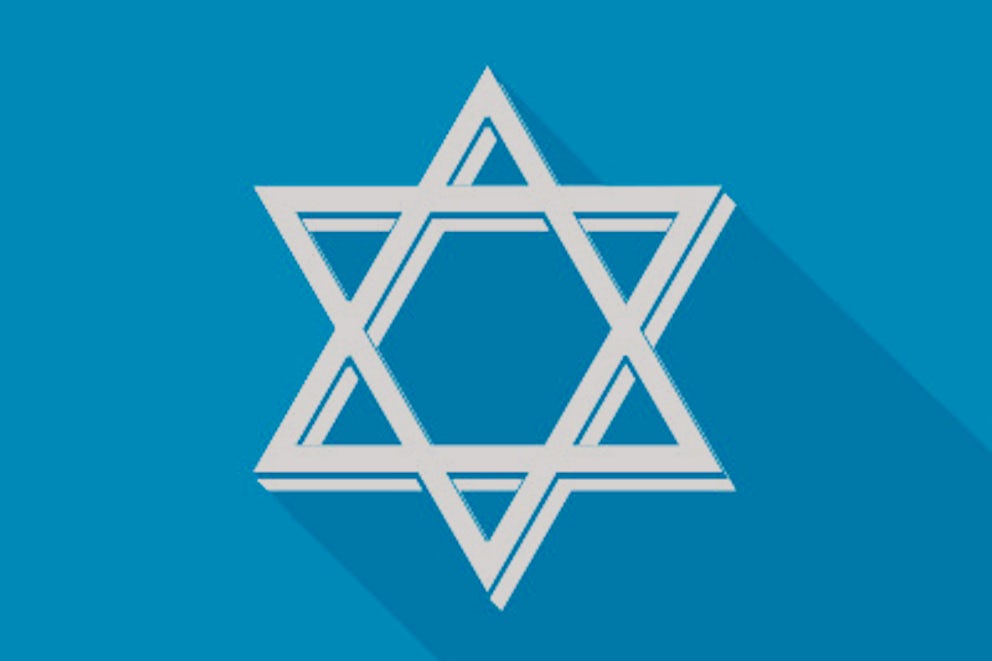 An illustration of a white Star of David on a blue background.