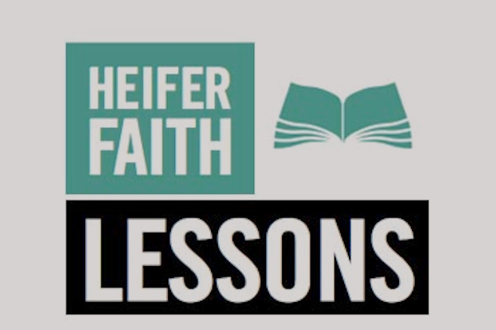 Text: Heifer Faith Lessons. With an illustration of an open book next to it.