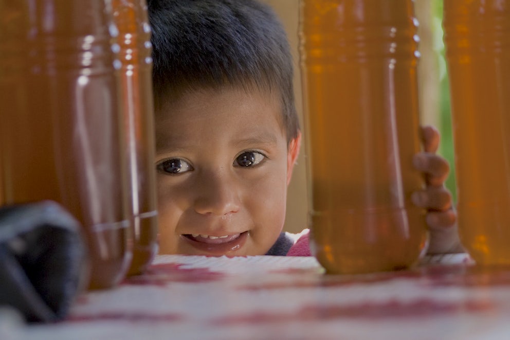 a kid with bottles of honey