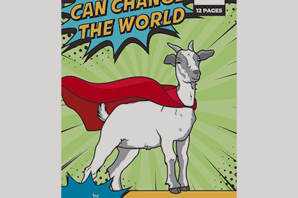 a cartoon goat with a superhero cape