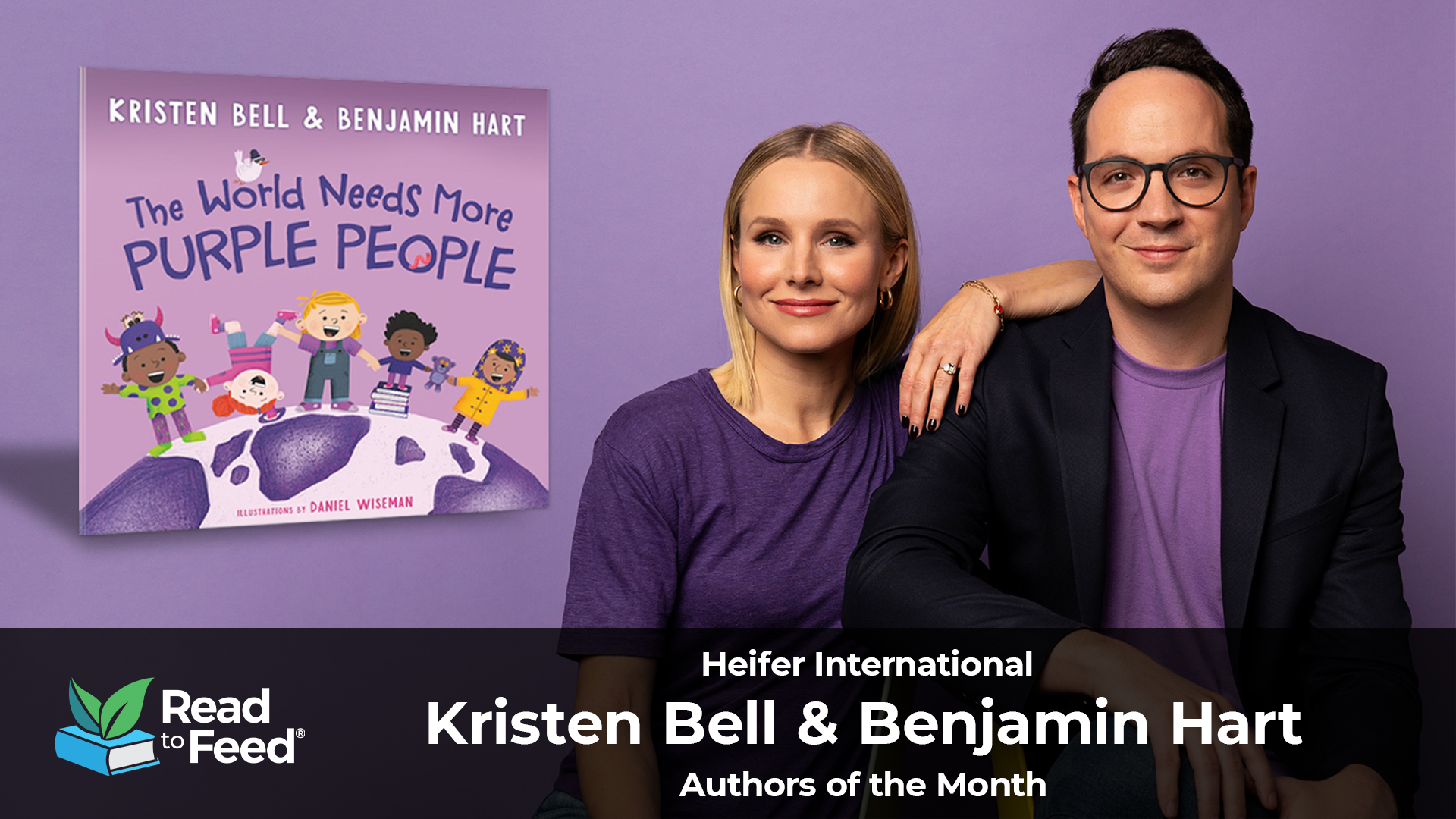 Kristen Bell and Benjamin Hart next to their book titled 'The World Needs More Purple People'.