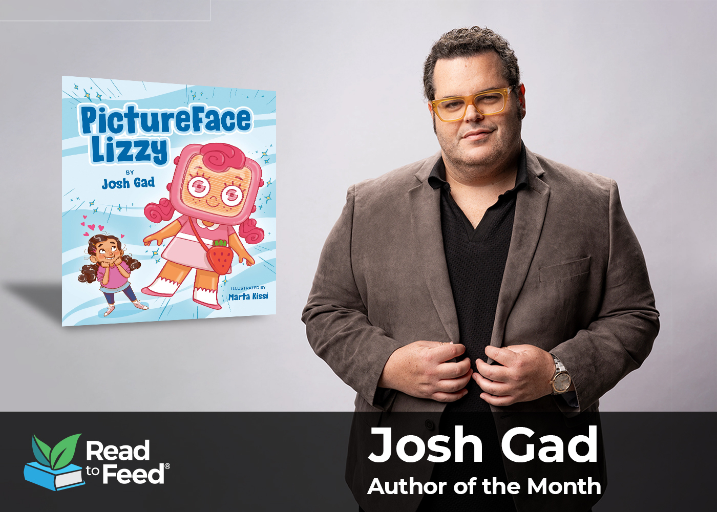 Josh Gad next to his book titled 'PictureFace Lizzy'.